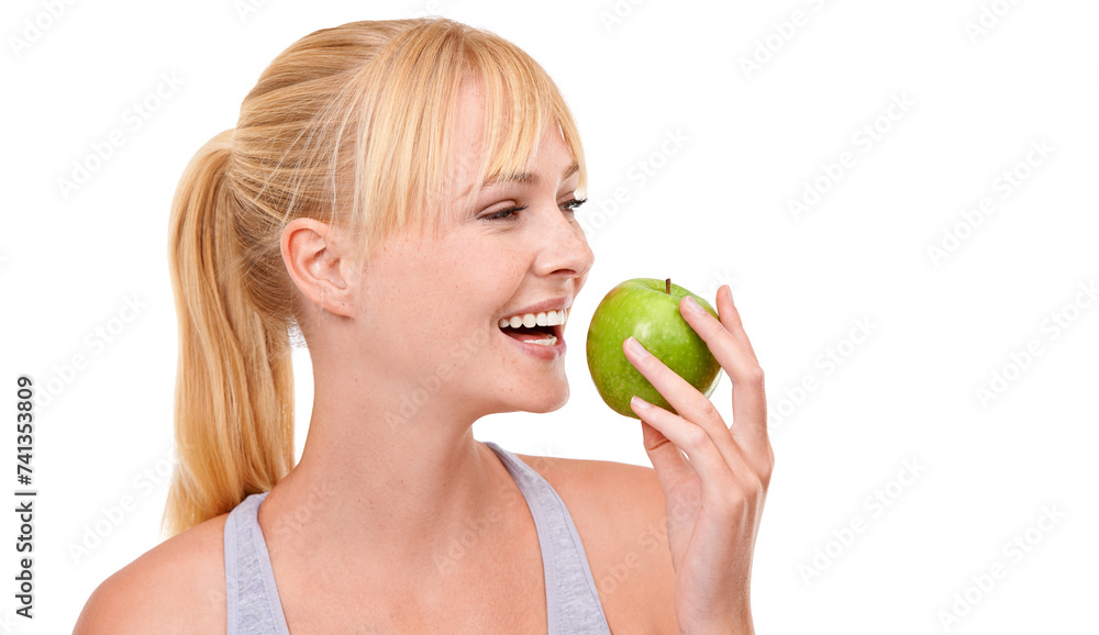 Face, smile and woman with apple for diet, benefits or food to lose weight in studio. Healthy eating, nutrition and happy girl with fruit for body wellness, digestion and thinking on white background Face, smile and woman with apple for diet, benefits or food to lose weight in studio. Healthy eating, nutrition and happy girl with fruit for body wellness, digestion and thinking on white background