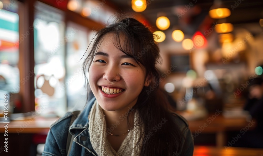 Smiling Asian Woman in Cafe, Generative AI Smiling Asian Woman in Cafe, Generative AI