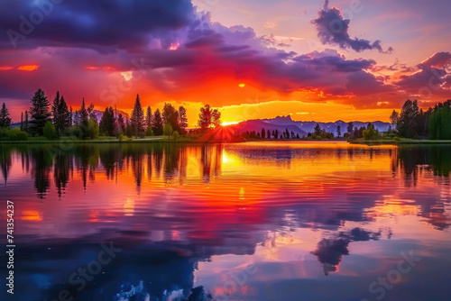 A mesmerizing sunset over a tranquil lake © Veniamin Kraskov