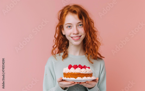girl with cake showing dessert on solid color background. Bakery or happy birthday concept. Space for text