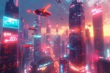 Futuristic cityscape at twilight, neon lights, flying cars, towering skyscrapers with holographic advertisements