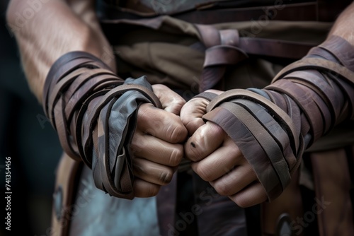 gladiators hands wrapped with leather straps for grip