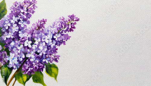 Oil painting of a Lilac flower pure white background canvas  copyspace on a side