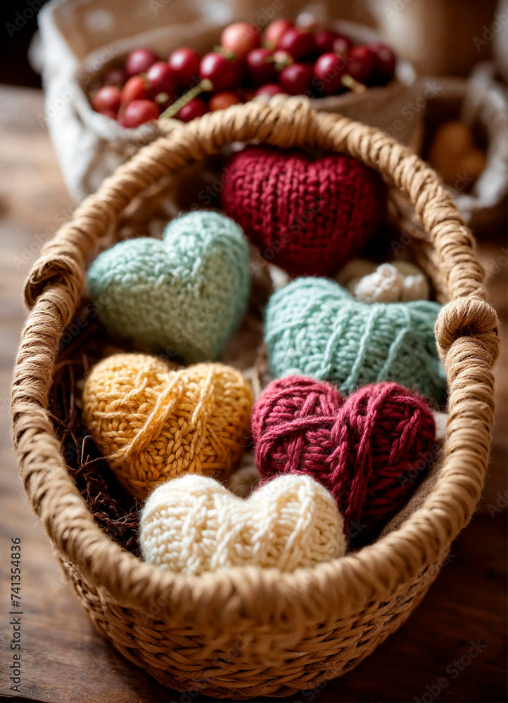 Knitting threads in a heart basket. Selective focus.