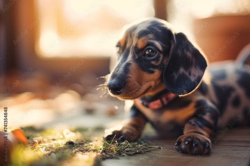 A dapple-coated Dachshund puppy in a warm, sunlit outdoor setting, Generative AI