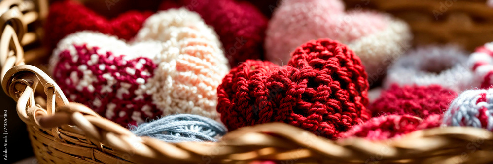 Knitting threads in a heart basket. Selective focus. Knitting threads in a heart basket. Selective focus.