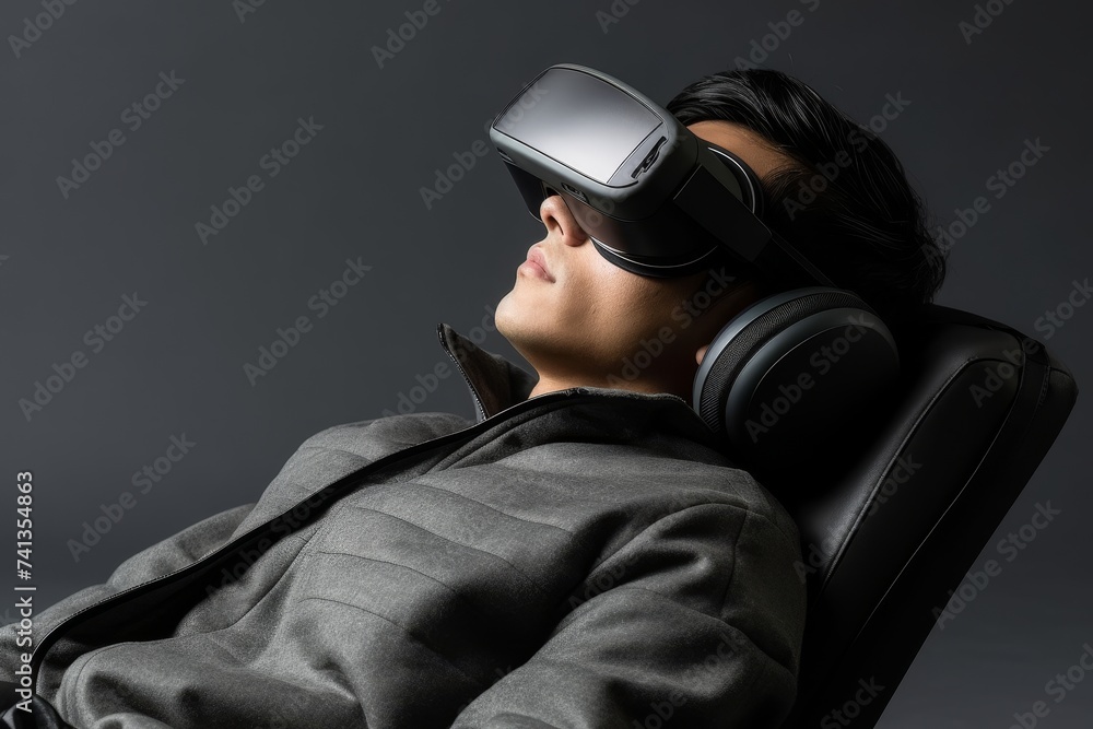 Man relaxing on sofa while using virtual reality glasses, with room for custom text overlay concept Man relaxing on sofa while using virtual reality glasses, with room for custom text overlay concept
