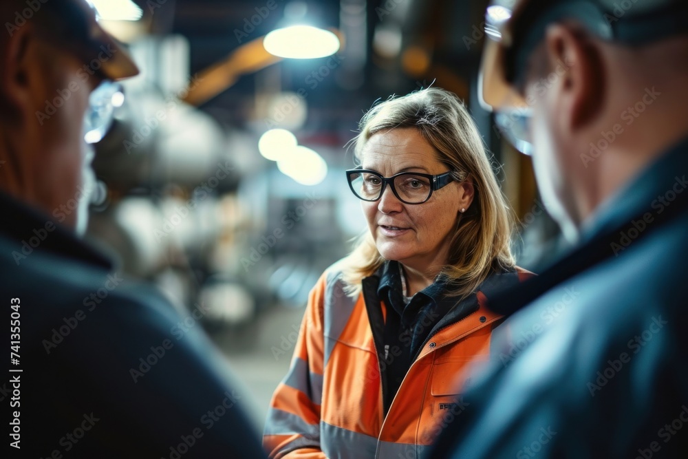 A middle-aged Caucasian female engineer discussing with colleagues in an industrial setting, Generative AI A middle-aged Caucasian female engineer discussing with colleagues in an industrial setting, Generative AI
