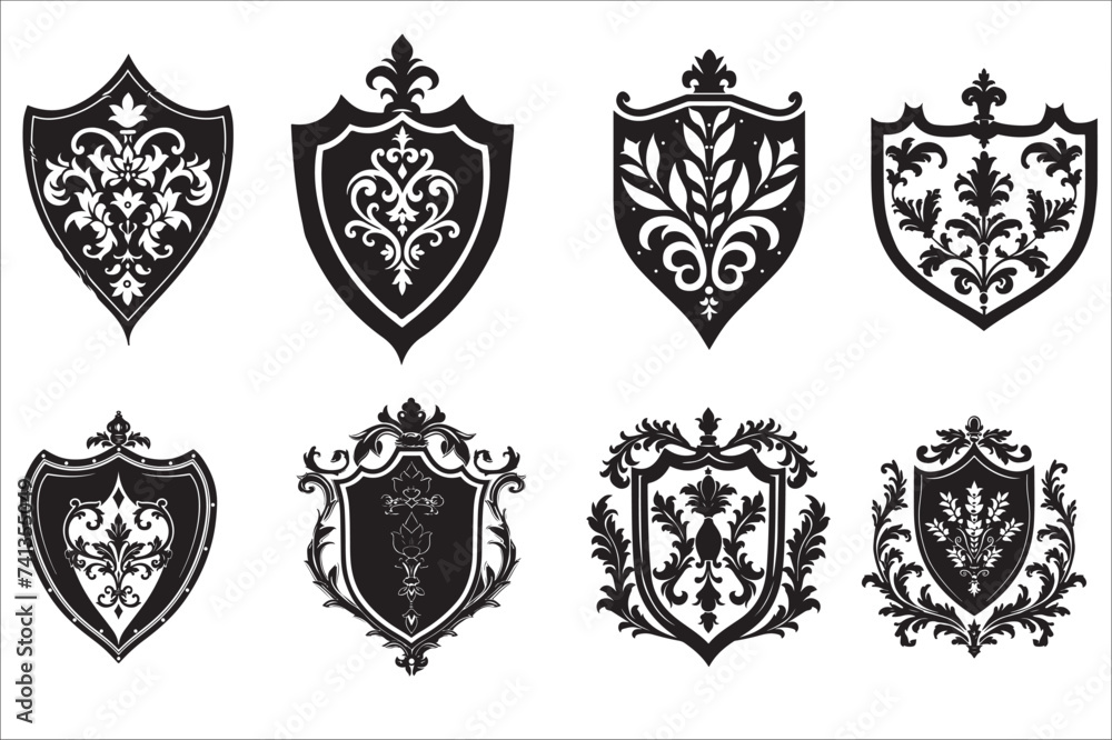Heraldic shield and Vintage shield silhouette on a white background.