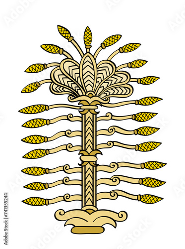 Tree of Life, symbol of a sacred tree in ancient Mesopotamia, as it was depicted on a breastplate of king Ashurbanipal. Important religious symbol, with equally divided branches on both stem sides. photo