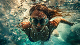 Swimmer woman underwater in the pool.