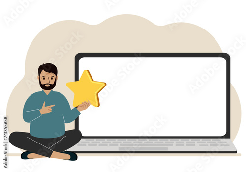 Online feedback, customer experience, user satisfaction concept. Man giving star rating online using laptop. Positive feedback, business survey.