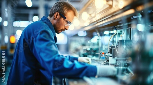 A male technician in a blue uniform inspecting machinery in a high-tech manufacturing facility  Generative AI