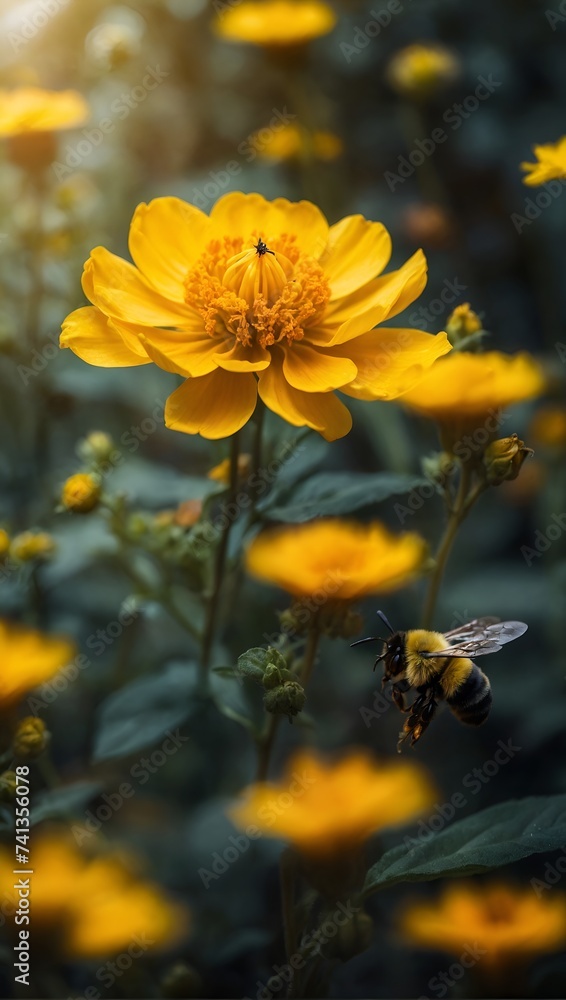 Yellow flower with a bee on it, a macro photography zoom, bokeh, environmental art, detailed naturalism realistic style digital art, ai generated Yellow flower with a bee on it, a macro photography zoom, bokeh, environmental art, detailed naturalism realistic style digital art, ai generated