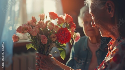 A family grandmother, mother-in-law, and daughters-in-law congratulate each other on Mother's Day with bouquets
