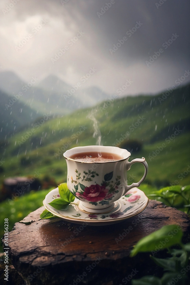 A cup of tea sitting on top of a wooden table with a outdoor mountain view, art photography, soft mist, whimsical, detailed photorealism digital art, ai generated A cup of tea sitting on top of a wooden table with a outdoor mountain view, art photography, soft mist, whimsical, detailed photorealism digital art, ai generated