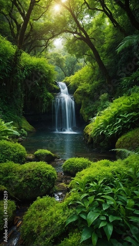 Waterfall in the lush green jungle, detailed naturalism realistic style digital art, ai generated