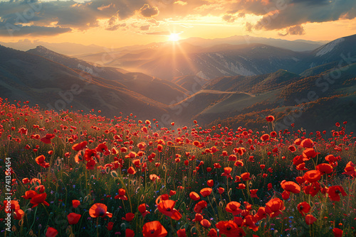 sunrise over mountains covered with red flowers and poppies #741356454