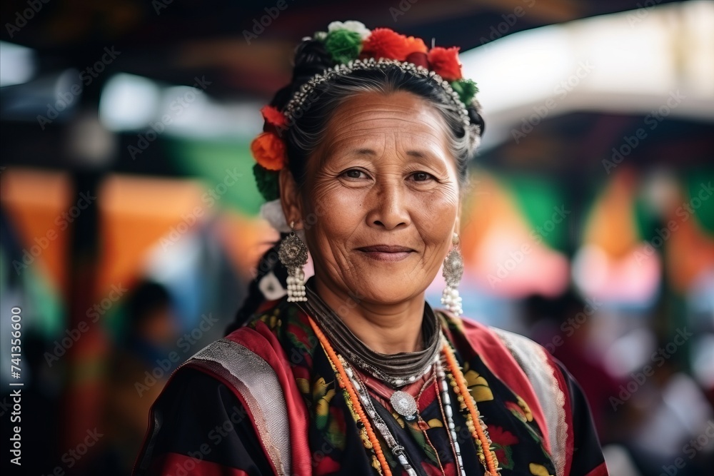 Portrait of an old woman with traditional clothes in a market.