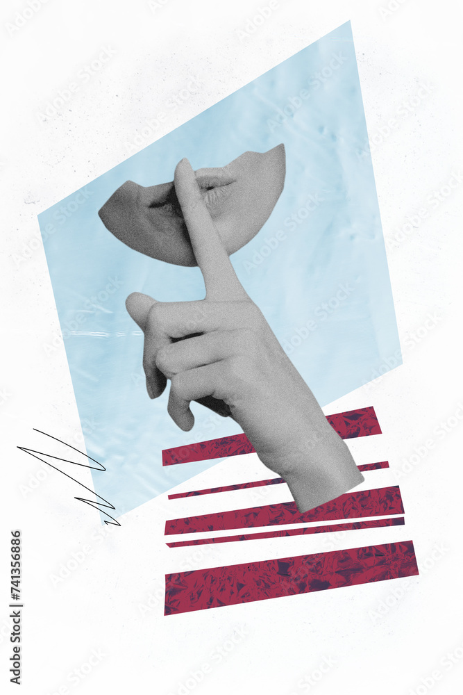 © deagreez - Vertical photo collage young woman face fragment cutout hand show silence shh gesture keep secret conspiracy quiet voice © deagreez - Vertical photo collage young woman face fragment cutout hand show silence shh gesture keep secret conspiracy quiet voice