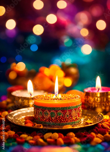 candles and decorations for Diwali. Selective focus.