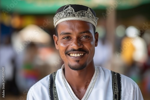 Portrait of a smiling muslim man in traditional clothes at the mosque