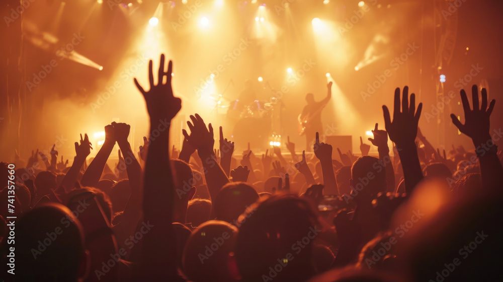 Back view of crowd at a big concert or event, with hands up