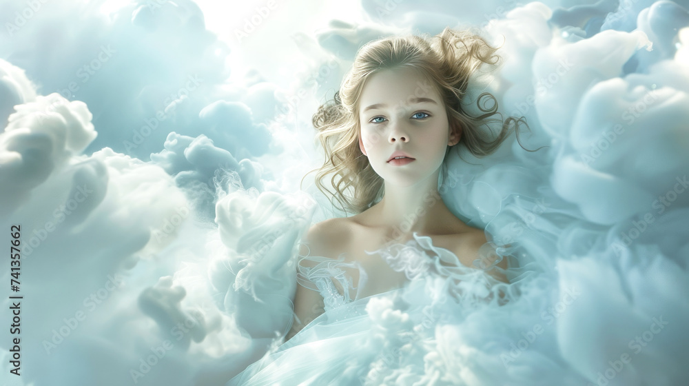 A girl dressed in a fantasy cloud inspired dress A girl dressed in a fantasy cloud inspired dress