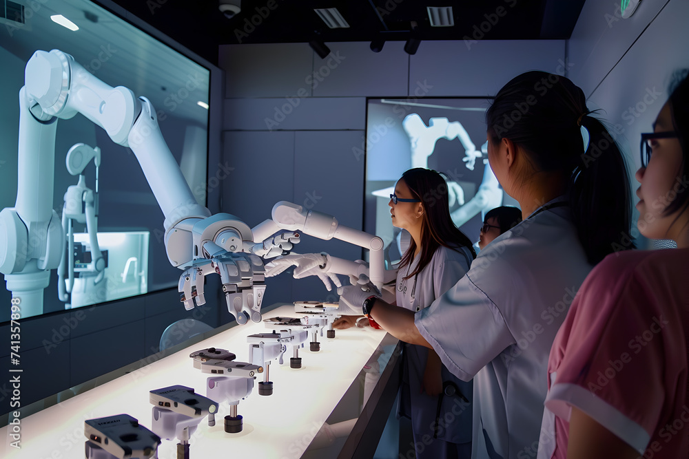 Educating exhibition with robotic arms in medicine - obrazy, fototapety, plakaty 