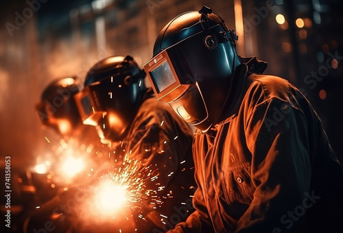 Man worker working with a metal product and welding it with a arc welding machine in a workshop. Industrial manufacturing.