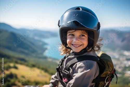 Portrait of a little girl in helmet against the background of mountains © Nerea