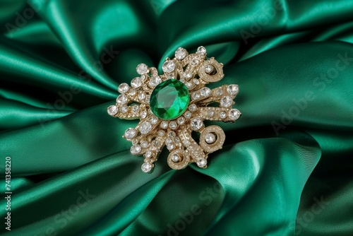 emerald brooch on green silk, centrally placed