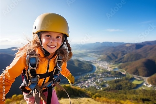 Portrait of a girl with a helmet on the background of mountains