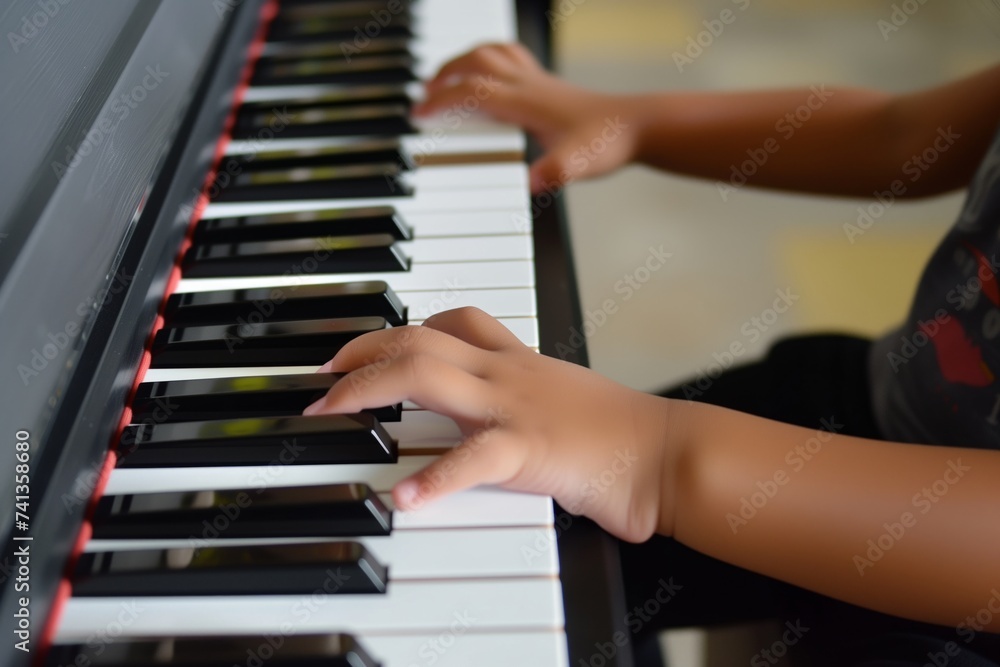 Fototapeta premium childs hands learning to play on a piano keyboard
