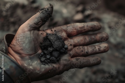 closeup of coal in a miners dirty hand