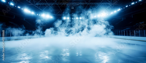 Blue Ice Rink Background. Professional Arena illuminated neon lights, spotlights with smoke. Copyspace. Winter poster for hockey competitions. Ice skating. Stadium. Generative ai 