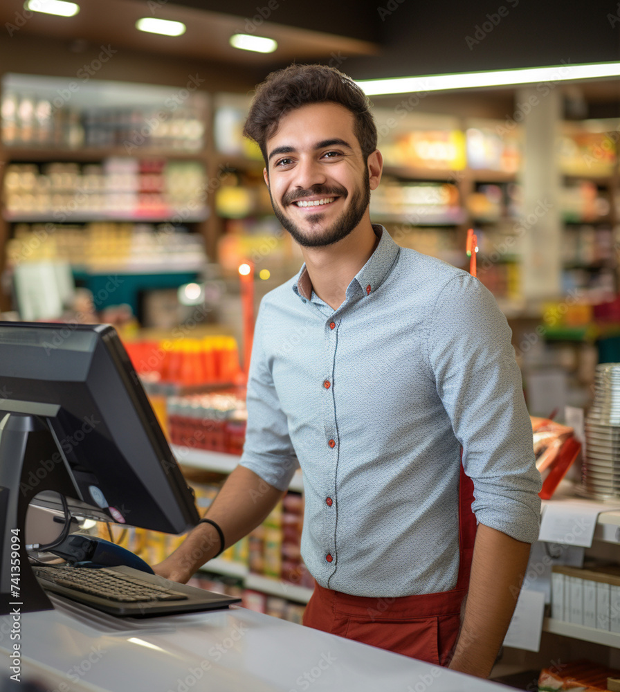 Fototapeta premium a young man at the checkout counter, smiling warmly while assisting customers, creating a welcoming shopping experience. Generative AI