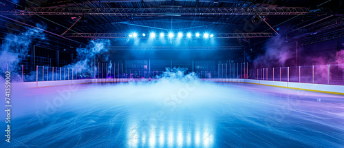 Blue Ice Rink Background. Professional Arena illuminated neon lights, spotlights with smoke. Copyspace. Winter poster for hockey competitions. Ice skating. Stadium. Generative ai 