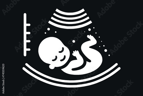 Baby in the belly on ultrasound. Logo. Vector simple illustration, icon. White on black. Pregnancy screening. Gender of the child