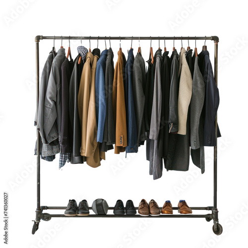 a clothing rack of male designer clothes on transparency background PNG 