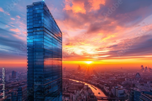 a modern skyscraper with a glass facade  reflecting the sunset  bustling city life below