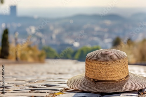 straw hat on cobblestone road with a blurred cityscape in the background