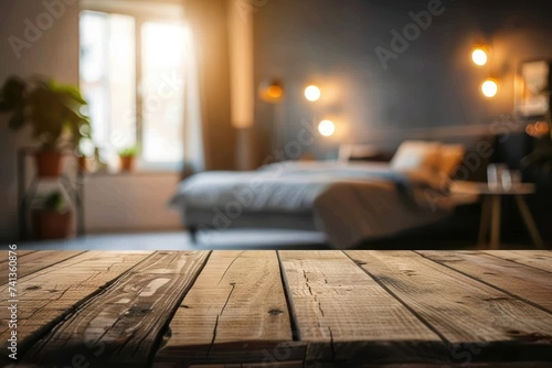 Empty wooden table and blurred bed room background 