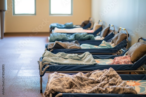 quiet nap area with small cots and blankets, undisturbed photo