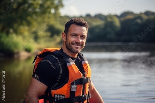 man in life jacket standing on the bank of the river and smiling