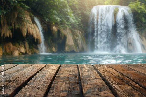 Empty wooden table and blurred nature waterfall background 