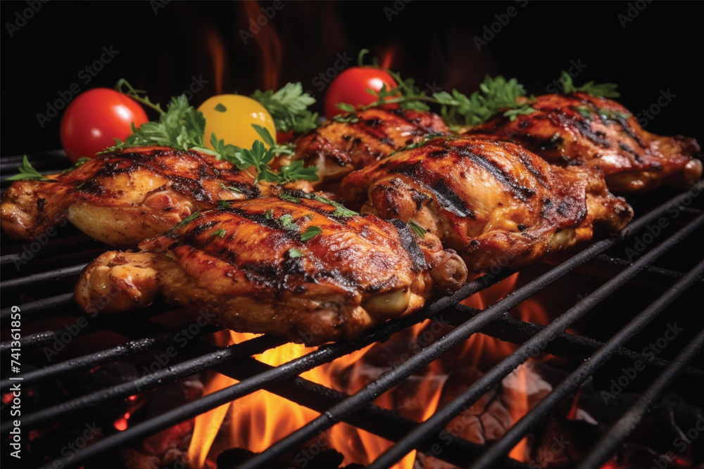 Grilled chicken breasts on a grill plate on a black background with tomatoes	