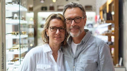 cute middle aged couple with glasses in an optical store