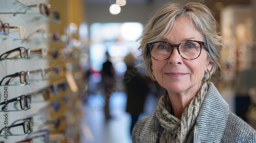 pretty retired woman wearing glasses in an optical store photo