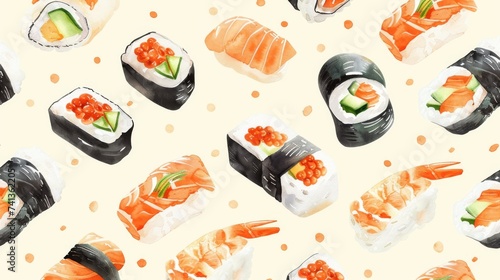 watercolor illustration of sushi set on a beige background